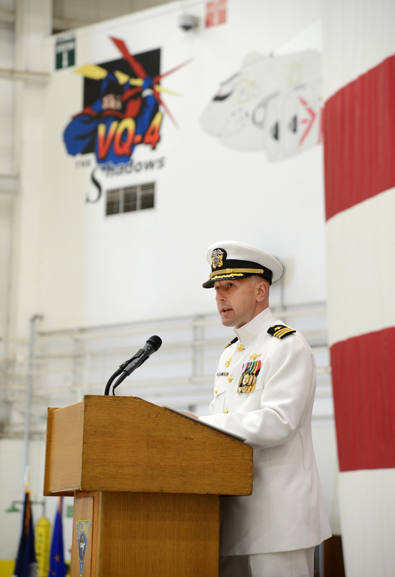 Cdr. Robert Majoris assumed command of Fleet Air Reconnaissance Squadron Four during their change of command ceremony May 5. Strategic communications Wing ONE and Task Force 124 Commander Capt. Ed McCabe presided over the ceremony, relieving Cdr. Kenneth Russell of duty. VQ-4 is a squadron of approximately 400 officers and enlisted personnel, making it one of the largest operational aviation squadrons in the Navy. (Air Force photo by Kelly White)