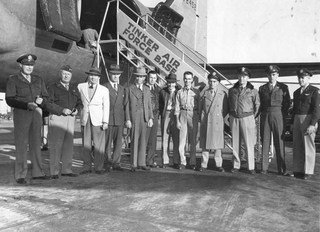In October 1948, OCAMA commander Maj. Gen. Fred S. “Fritz” Borum, along with key military and civilian managers, go to Burtonwood, England, to aid the Berlin Airlift. (Photo courtesy Tinker History Office)
