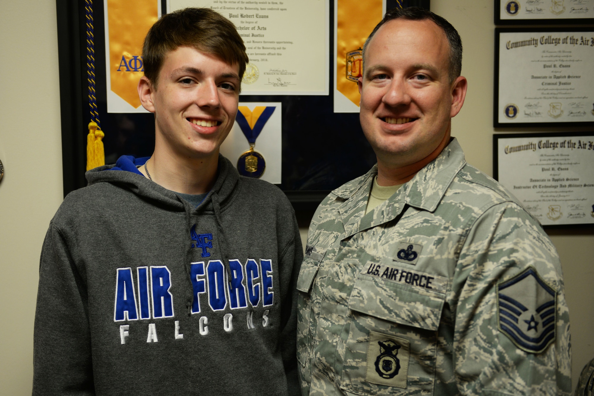 David, Master Sgt. Paul Evan’s son, is carrying on the legacy of service by being accepted by the U.S. Air Force Academy. David joined Junior Reserve Officer Training Corps to learn as much about the military as he could. (U.S. Air Force photo by Airman Rhett Isbell)