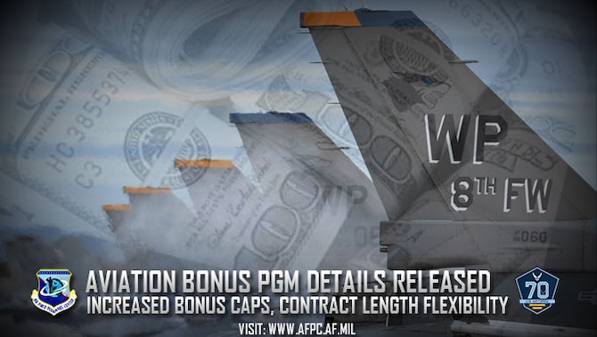 As part of its retention efforts, the Air Force released details on the fiscal year 2017 Aviation Bonus Program June 5, 2017. This year’s program implements an increase in maximum bonus amounts authorized in the fiscal 2017 National Defense Authorization Act in addition to more flexibility in contract lengths. (U.S. Air Force graphic by Kat Bailey)