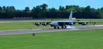 A B-52H Stratofortresses from Barksdale Air Force Base, Louisiana, touches down on the runway at Royal Air Force Fairford, United Kingdom, June 1, 2017. These bombers will participate in exercises Saber Strike, Arctic Challenge and Baltic Operations (BALTOPS), in the European theatre. These operations and engagements with allies and partners demonstrate and strengthen America’s commitment to global security and stability. (U.S. Air Force photo by Airman 1st Class Randahl J. Jenson)