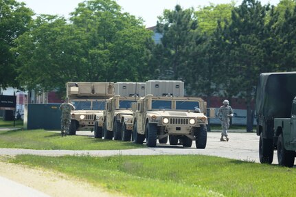 Soldiers at Fort McCoy for training in the Exportable Combat Training Capability (XCTC) Exercise stage equipment for use on June 2, 2017, at Fort McCoy, Wis. This XCTC Exercise is coordinated by the Illinois National Guard's 33rd Infantry Brigade Combat Team and Joint Forces Headquarters-Illinois. 