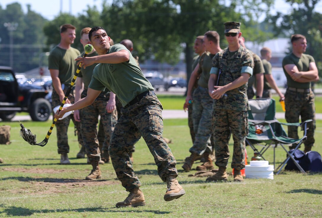Cpl. Daniel Cantu winds up to throw a javelin during the javelin competition at Marine Corps Air Station Cherry Point, N.C., June 2, 2017. The javelin competition was part of a combine hosted by Marine Air Control Group 28.The combine consisted of numerous physical events where teams of 20 Marines from each squadron would compete. Cantu is an administration specialist assigned to Marine Tactical Air Command Squadron 28, MACG-28, 2nd Marine Aircraft Wing. (U.S. Marine Corps photo by Lance Cpl. Cody Lemons/Released)