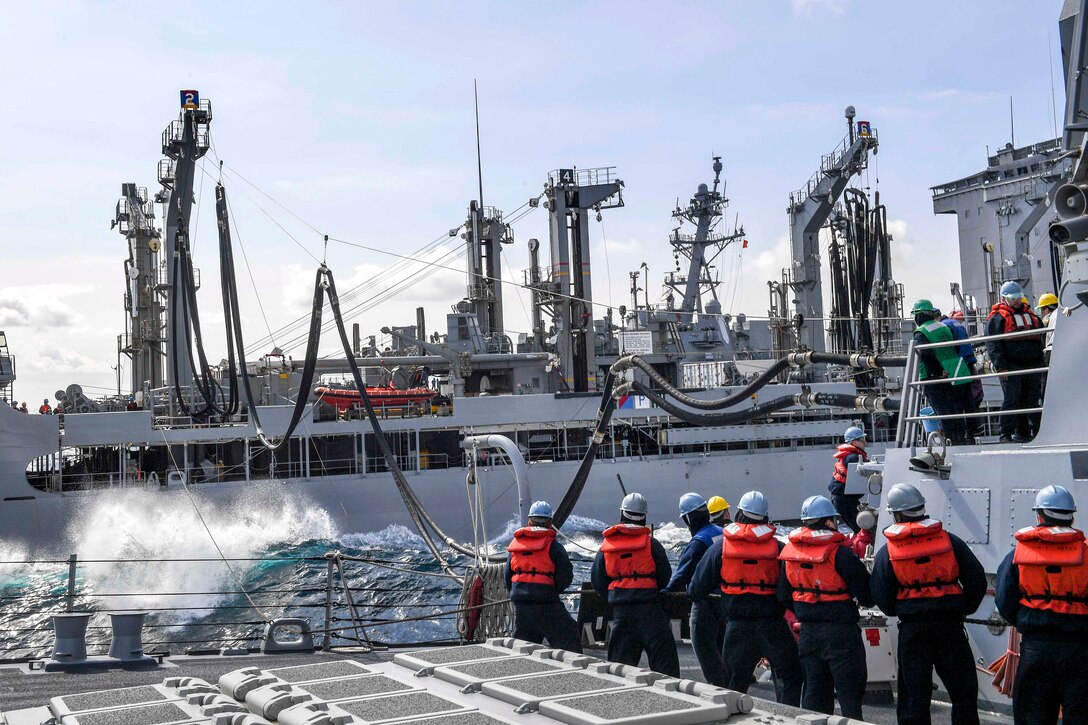 Sailors aboard the Arleigh Burke-class guided-missile destroyer USS Wayne E. Meyer conduct a replenishment with fleet replenishment oiler USNS Rappahannock in the Pacific Ocean, May 26, 2017. Navy photo by Petty Officer 3rd Class Kelsey L. Adams