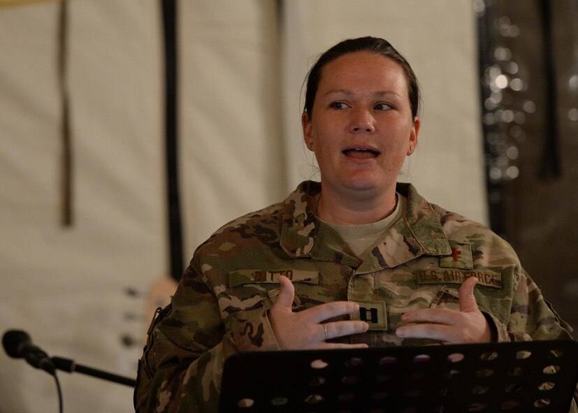Capt. Sarah Ditto, 435th Air Expeditionary Wing head chaplain, delivers a message during a chapel service at Nigerien Air Base 201, Niger, May 14, 2017. The 435th AEW chapel team, consisting of only two people, covers religious accommodations and spiritual resiliency for deployed Airmen across two continents. (U.S. Air Force photo by Senior Airman Jimmie D. Pike)
