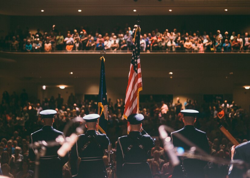Members of the U.S. Air Force Honor Guard post the colors prior to an U.S. Air Force Band’s Airmen of Note performance at The Classic Center Theatre in Athens, Ga., May 24, 2017. Both the band and the honor guard share the same mission: to honor those who have served, inspire patriotism and service, and positively impact the global community on behalf of the U.S. Air Force and the United States of America. (U.S. Air Force photo by Senior Airman Delano Scott)