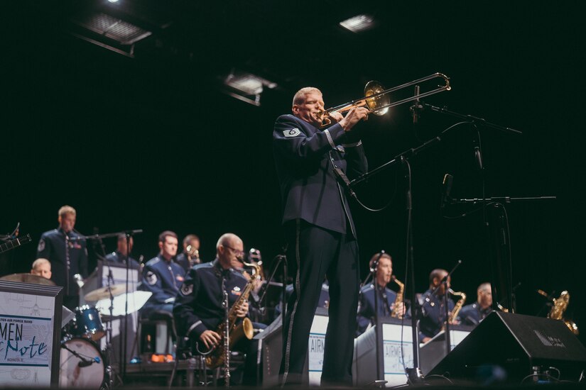 Tech. Sgt. Kevin Cerovich, U.S. Air Force Band’s Airmen of Note trombonist, performs a solo during a show at the Davidson Fine Arts School Theatre in Augusta, Ga., May 25, 2017. The band performed four concerts for audiences throughout Augusta, Athens and Savanna, Ga., all leading up to their final concert at the Jacksonville Jazz Festival. (U.S. Air Force photo by Senior Airman Delano Scott)