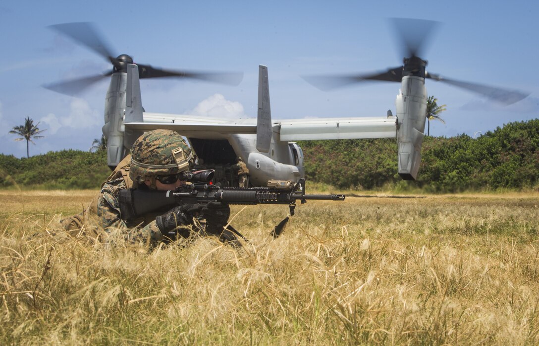 A Marine with 1st Battalion, 12th Marine Regiment provides security during an exercise with Marine Medium Tiltrotor Squadron 268 at Boondocker Training Area aboard Marine Corps Base Hawaii on May 31, 2017. The training exercise involved transporting an Internal Transport Vehicle and a 120mm mortar system to aid in direct support of infantry units. (U.S. Marine Corps photo by Lance Cpl. Matthew Kirk)