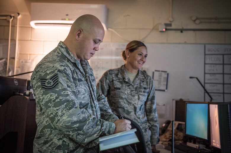 U.S. Air National Guard Tech. Sgt. Roman Duenas, a security forces member with the 407th Expeditionary Security Forces Squadron, takes notes at the beginning of his guard shift May 13, 2017, in Southwest Asia. Duenas works as part of the  base defense operations center to oversee inegrated base defense activities, from patrols to vehicle search and gate guard sections. Duenas is deployed from the 254th Security  Forces Squadron of the Guam Air National Guard. (U.S. Air Force photo by Staff Sgt. Alexander W. Riedel)