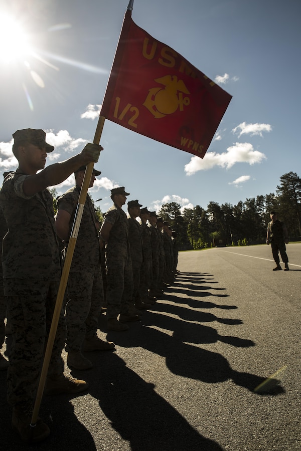 ADAZI, Latvia-Marines with the Black Sea Rotational Force 17.1 stand in formation in preparation for the opening ceremony of Exercise Saber Strike 17 at Camp Adazi, Latvia, June 3, 2017.  Exercise Saber Strike 17 is an annual combined-joint exercise conducted at various locations throughout the Baltic region and Poland. (U.S. Marine Corps photo by Cpl. Devan Alonzo Barnett/Released)