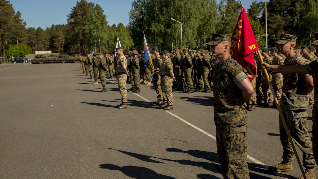 ADAZI, Latvia-Marines with the Black Sea Rotational Force 17.1 stand in formation next to several other international military forces, to include Latvia, Italy, Great Britain, Lithuania, Norway, Poland, Slovenia and Slovakia, in preparation for the opening ceremony of Exercise Saber Strike 17 at Camp Adazi, Latvia, June 3, 2017.  Exercise Saber Strike 17 is an annual combined-joint exercise conducted at various locations throughout the Baltic region and Poland. (U.S. Marine Corps photo by Cpl. Devan Alonzo Barnett/Released)