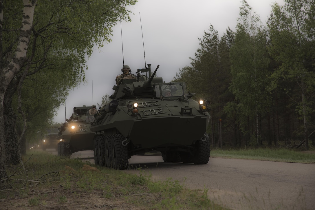 ADAZI, Latvia-Marines with Charlie Company, 4th Light Armored Reconnaissance Battalion, 4th Marine Division, Marine Forces Reserve, operate Light Armored Vehicles by convoy from Ventspils to Adazi, Latvia, during Exercise Saber Strike 17, June 2, 2017. Exercise Saber Strike 17 is an annual combined-joint exercise conducted at various locations throughout the Baltic region and Poland. The combined training prepares NATO Allies and partners to effectively respond to regional crises and to meet their own security needs by strengthening their borders and countering threats. (U.S. Marine Corps photo by Cpl. Devan Alonzo Barnett/Released)