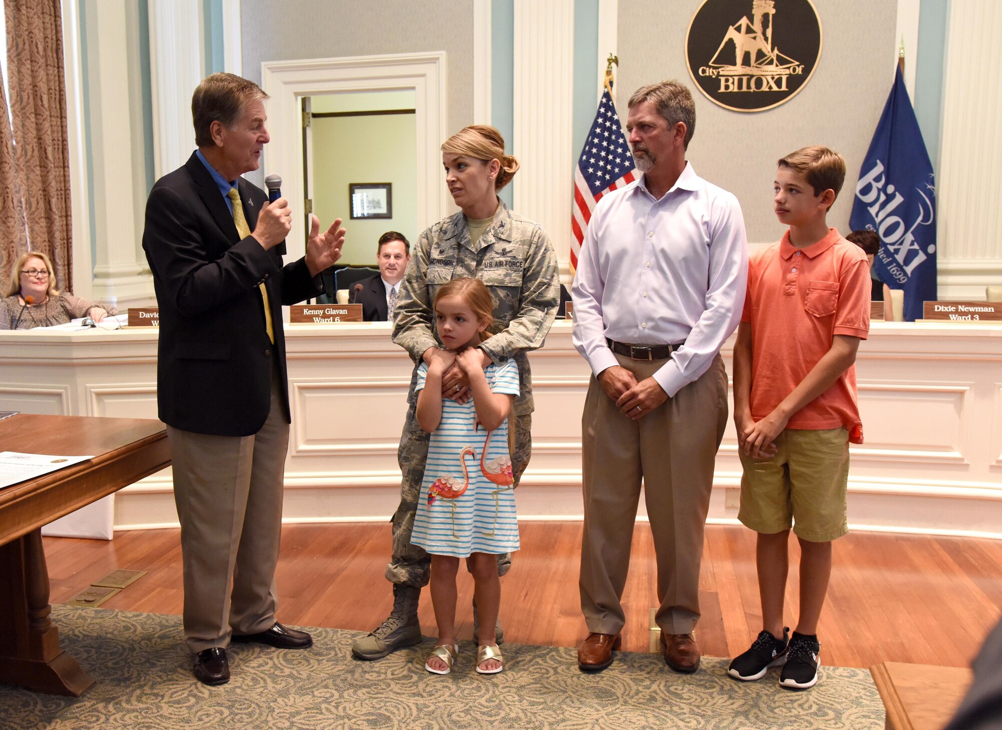 Biloxi Mayor Andrew “FoFo” Gilich, delivers remarks during a recognition ceremony for Col. Michele Edmondson, 81st Training Wing commander, at Biloxi City Hall May 30, 2017, in Biloxi, Miss. The mayor hosted the ceremony during a Biloxi city council meeting to recognize Edmondson and her family for their support to the city during her assignment at Keesler. (U.S. Air Force photo by Kemberly Groue)