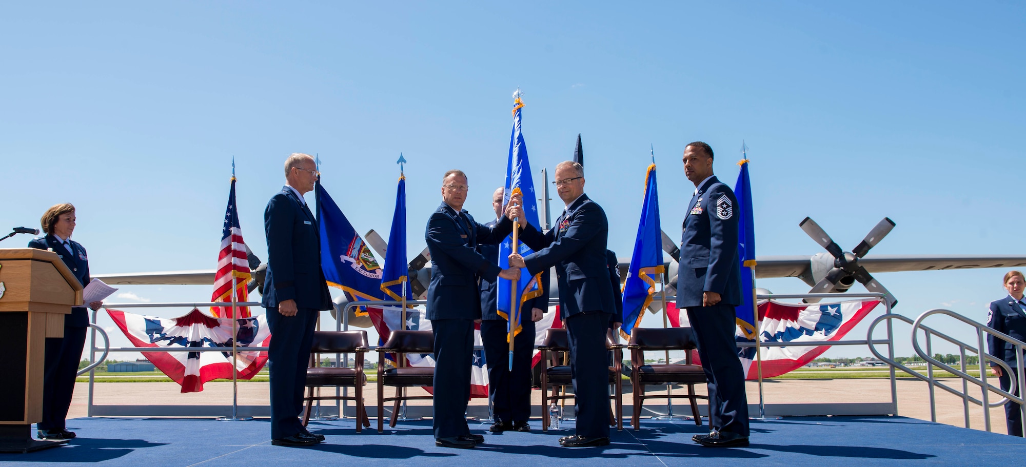 Col. Brian S. Bowman, 914th Air Refueling Wing Commander, accepts the 4th Air Force flag from Maj. Gen. Randall A. Ogden, 4th Air Force Commander, March Air Reserve Base, CA, during the Change of Mission Ceremony, June 3, 2017, Niagara Falls Air Reserve Station, N.Y. The Airlift Wing has been re-designated as an Air Refueling Wing, and as such, will fall under 4th Air Force moving forward. Under the new mission, the 914th will be flying the KC-135 Stratotanker. (U.S. Air Force photo by Tech. Sgt. Stephanie Sawyer)