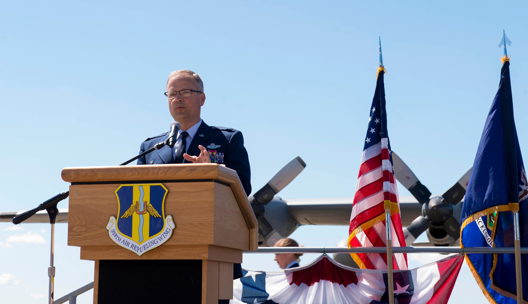 Col. Brian S. Bowman, 914th Air Refueling Wing Commander, addresses the crowd during the Change of Mission Ceremony, June 3, 2017, Niagara Falls Air Reserve Station, N.Y. This transition marks the end of a 46-year mission as an Airlift Wing, flying the C-130 aircraft. Under the new mission, the 914th will be flying the KC-135 Statotanker (U.S. Air Force photo by Tech. Sgt. Stephanie Sawyer) 