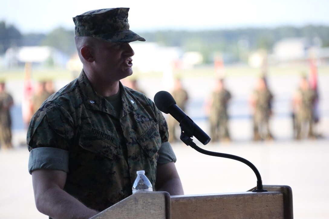 Lt. Col. Paul K. Johnson III addresses an audience during Marine Tactical Electronic Warfare Squadron 4’s deactivation ceremony at Marine Corps Air Station Cherry Point, N.C., June 2, 2017. The squadron’s mission was to support the Marine Air-Ground Task Force commander by conducting airborne electronic warfare, day or night, under all weather conditions during expeditionary, joint, or combined operations. Johnson is the commanding officer for VMAQ-4, Marine Aircraft Group 14, 2nd Marine Aircraft Wing. (U.S. Marine Corps photo by Cpl. Jason Jimenez/ Released)