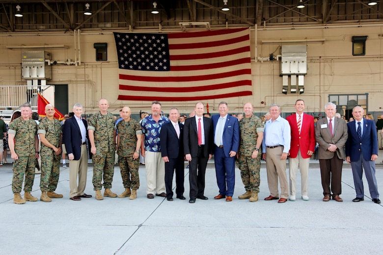 Marine Tactical Electronic Warfare Squadron 4’s past and present senior leadership gather during VMAQ-4’s deactivation ceremony at Marine Corps Air Station Cherry Point, N.C., June 2, 2017. The Seahawks have been active over the skies of Korea, Vietnam, and most recently, Desert Shield, Desert Storm, Operation Iraqi Freedom, Operation Enduring Freedom, and Operation Inherent Resolve. VMAQ-4 was assigned to Marine Aircraft Group 14, 2nd Marine Aircraft Wing. (U.S. Marine Corps photo by Cpl. Jason Jimenez/ Released)