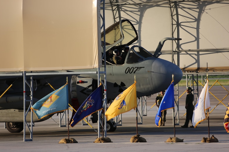 An EA-6B Prowler shuts down after a flyover during Marine Tactical Electronic Warfare Squadron 4’s deactivation ceremony at Marine Corps Air Station Cherry Point, N.C., June 2, 2017. This was the last VMAQ-4, Marine Aircraft Group 14, 2nd Marine Aircraft Wing, Prowler to soar the skies. In conjunction with the sundown of the Prowler, the remaining Marine Tactical Electronic Warfare Squadrons will be deactivated, one each year, until completion in 2019. (U.S. Marine Corps photo by Cpl. Jason Jimenez/ Released)