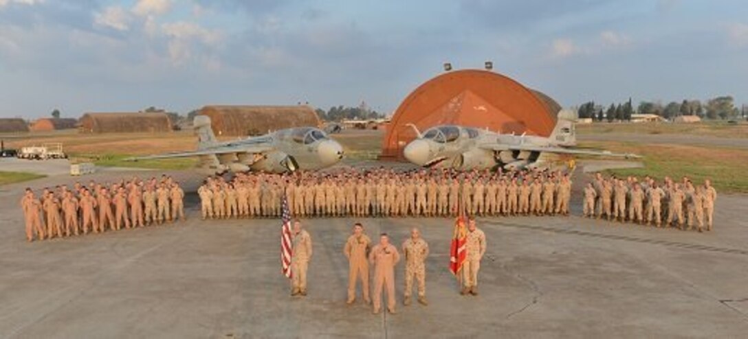 Marines assigned to Marine Tactical Electronic Warfare Squadron 4 create a formation at Incirlik Air Base, Turkey, 2016. VMAQ-4, Marine Aircraft Group 14, 2nd Marine Aircraft Wing, supported Operation Inherent Resolve in Turkey. The Seahawks have been active over the skies of Korea, Vietnam, and most recently, Desert Shield, Desert Storm, Operation Iraqi Freedom, Operation Enduring Freedom, and Operation Inherent Resolve. (U.S. Marine Corps courtesy photo/ Released)