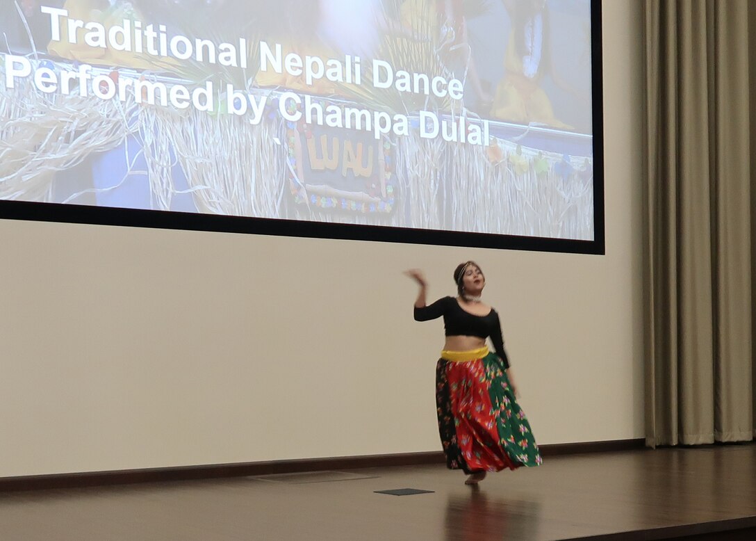 Champa Dulal of the Bhutanese Community Center performed a traditional Nepali dance during the DLA Distribution’s Multicultural Committee Asian Americans and Pacific Islanders event held on Wednesday, May 23.