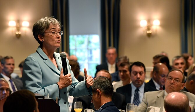 Secretary of the Air Force Heather Wilson speaks about the fiscal year 2018 budget, the Aviation Bonus Program, and an upcoming Air Force fighter jet deployment to Europe during an Air Force Association breakfast event, June 5, 2017. (U.S. Air Force photo/Wayne A. Clark)