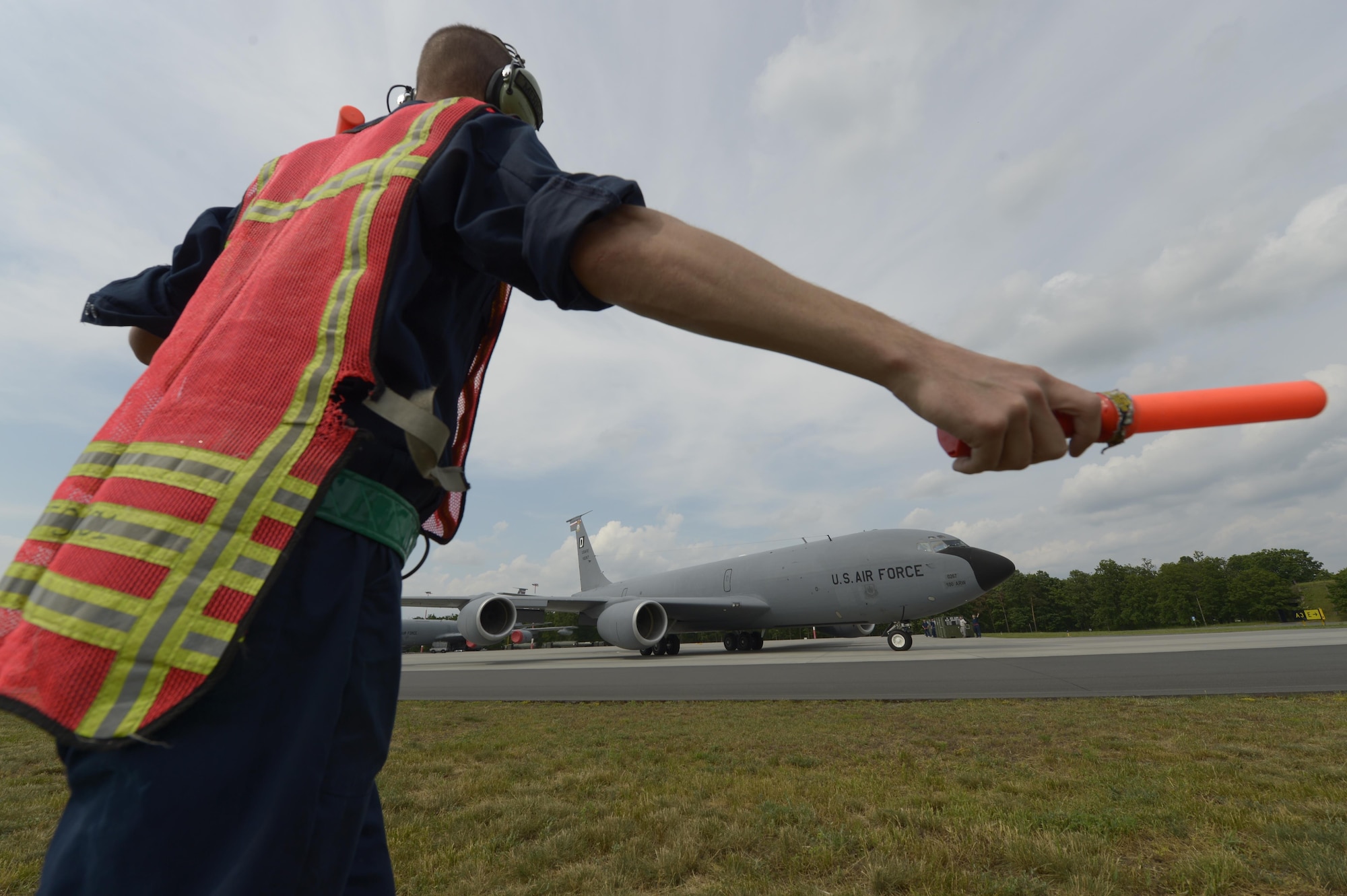 Staff Sgt. Joshua Kearney, 100th Aircraft Maintenance Squadron crew chief, marshalls a KC-135R Stratotanker
participating in BALTOPS exercise at Powidz Air Base, Poland, June 5, 2017. BALTOPS is an annually recurring
multinational exercise designed to enhance flexibility and interoperability, as well as demonstrate resolve of allied
and partner forces to defend the Baltic region. Participating nations include Belgium, Denmark, Estonia, Finland, France, Germany, Latvia, Lithuania, the Netherlands, Norway, Poland, Sweden, the United Kingdom, and the United States. (U.S. Air Force photo by Staff Sgt. Jonathan Snyder)