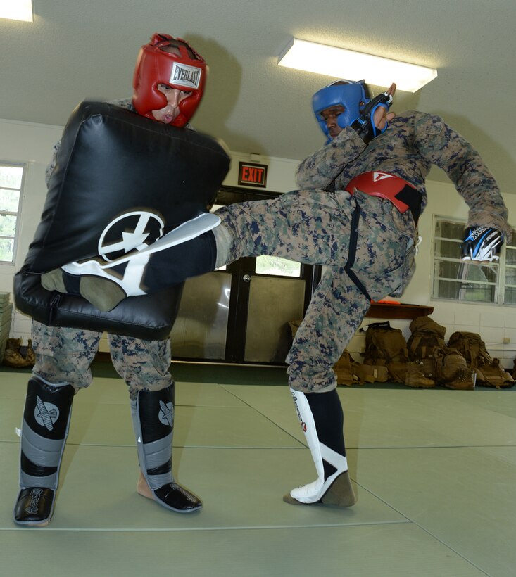 Sgt. Frederick Graham, right, martial arts instructor course student, Marine Corps Logistics Base Albany, round kicks the pad of Sgt. Salvador Hernandez during a Martial Arts Instructor Course aboard Marine Corps Logistics Base Albany, May 24.