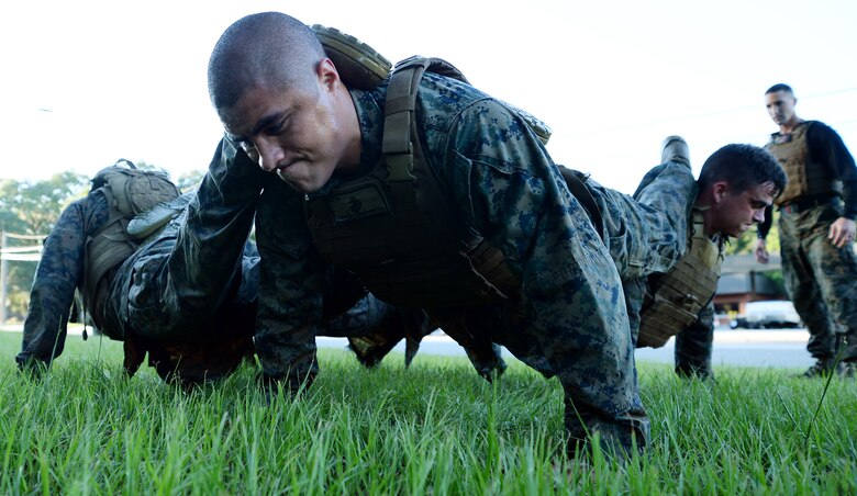 Martial arts instructor students conduct squad pushups during the culminating event of the Martial Arts Instructor Course aboard Marine Corps Logistics Base Albany, May 25.
