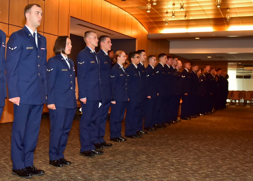 Tyndall’s newest promotees sing the Air Force song after the June enlisted promotion ceremony at the Horizon’s Community Center at Tyndall Air Force Base, Fla., June 1, 2017. The monthly promotion ceremony honors those Airmen receiving a new rank. (U.S. Air Force photo by Senior Airman Dustin Mullen/Released)