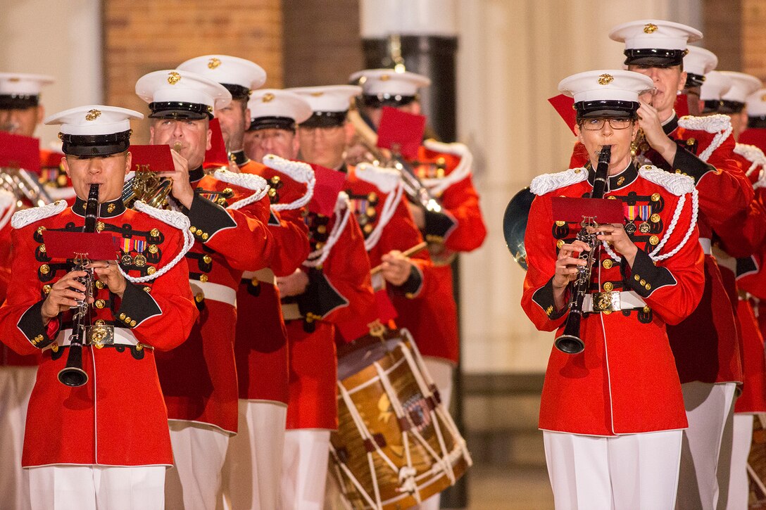 “The President’s Own,” U.S. Marine Band performs musical ballads during a Friday Evening Parade at Marine Barracks Washington D.C., June 2, 2017. The guest of honor for the parade was Mr. John A. Frascotti, president of Hasbro, Inc., and the hosting official was Lt. Gen. Rex McMillian, commander, U.S. Marine Forces Reserve and Marine Forces North Command. Hasbro is one of the top contributing companies to the Marine Toys for Tots program. (Official Marine Corps photo by Cpl. Robert Knapp/Released)