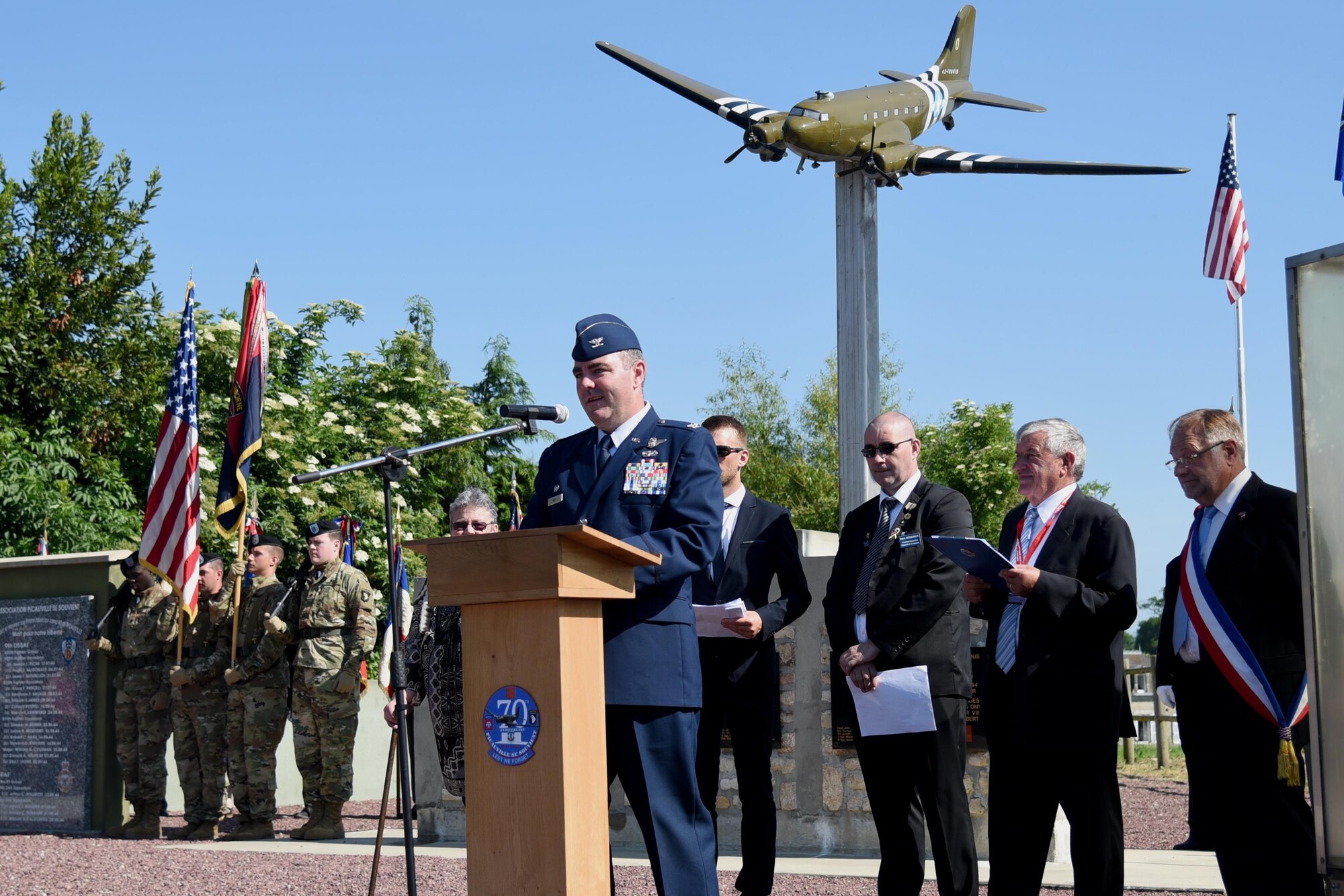 Col. Brian May, commander of the 403rd Operation Group, gives a speech during a ceremony in Picauville, France. This ceremony commemorates the 73rd anniversary of D-Day, the largest multi-national amphibious landing and operational military airdrop in history, and highlights the U.S.' steadfast commitment to European allies and partners. Overall, approximately 400 U.S. service members from units in Europe and the U.S. are participating in ceremonial D-Day events from May 31 to June 7, 2017(U.S. Air Force photo by Staff Sgt. Nicholas Monteleone)