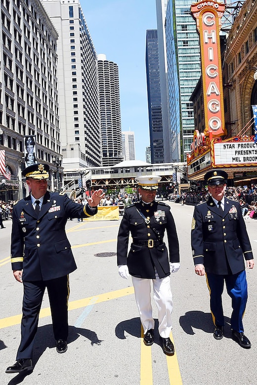 U.S. Army Reserve Brig. Gen. Frederick R. Maiocco Jr. (left) Commanding General, 85th Support Command, and Command Sgt. Maj. Vernon Perry III (right) Command Sergeant Major, 85th Support Command walk down State Street during the City of Chicago’s Memorial Day parade, May 27, 2017. This was Maiocco’s third and final time participating in Chicago’s Memorial Day observance before he moves onto his next duty assignment. 
(U.S. Army photo by Sgt. Aaron Berogan/Released)