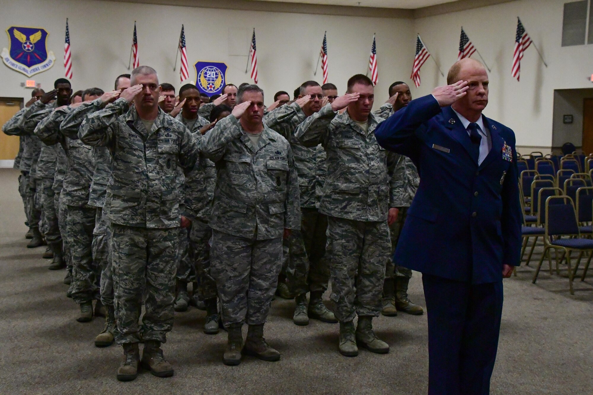 Airmen of the 307th Security Forces Squadron render the first salute to their new commander, Capt. Joel Brown, during an assumption of command ceremony on Barksdale Air Force Base, La., June 4, 2017. The Reserve Citizen Airmen of the squadron are trained to protect, defend and fight. (U.S. Air Force photo by Master Sgt. Dachelle Melville/Released)