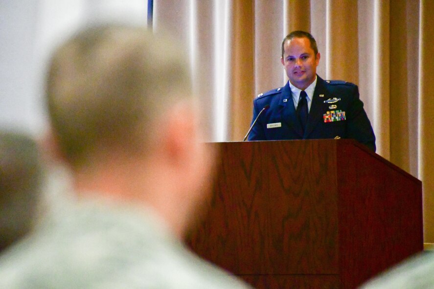 Capt. Joel Brown, 307th Security Forces Squadron commander, addresses his Airmen for the first time during an assumption of command ceremony on Barksdale Air Force Base, La., June 4, 2017. Brown is the former operations officer for the 944th Security Forces Squadron, 944th Fighter Wing, Luke AFB, Ariz., and has served as an enlisted Airman as well as an Army officer. (U.S. Air Force photo by Master Sgt. Dachelle Melville/Released)