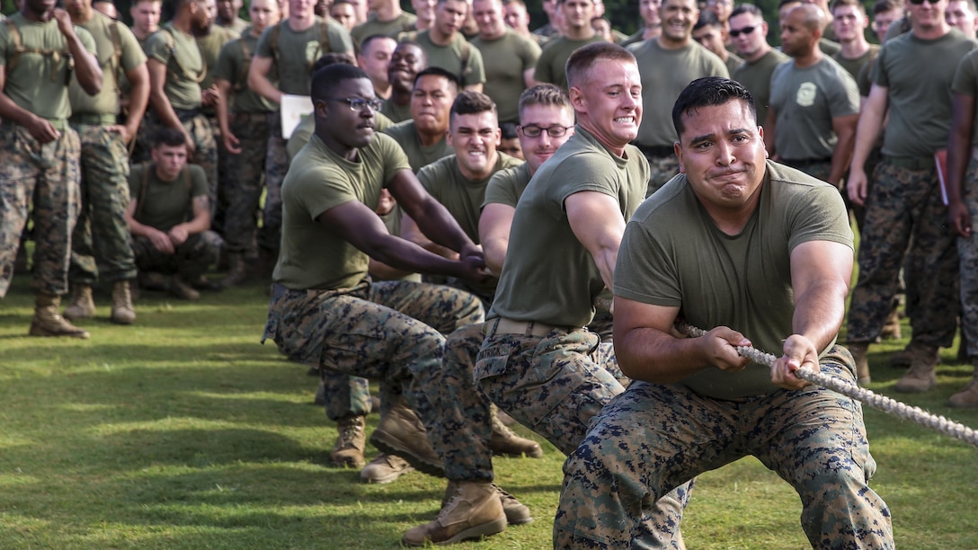 Marines participate in a tug of war competition as part of an athletic competition at Marine Corps Air Station Cherry Point, N.C., June 2, 2017. The Marines, who won the tug of war event, are assigned to Marine Air Support Squadron 1. Marine Corps photo by Lance Cpl. Cody Lemons