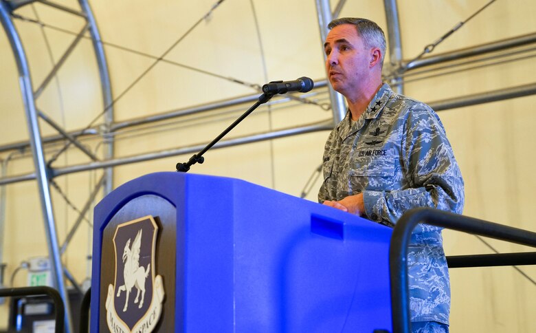 Maj. Gen. Stephen Whiting, director of Integrated Space, Cyberspace and Intelligence Surveillance and Reconnaissance Operations, Headquarters Air Force Space Command, speaks to Maj. Gen. Jimmey R. Morrell Awards banquet attendees at Schriever Air Force Base, Colorado, Thursday, June 1, 2017. Whiting spoke about Morrell’s time in service and the significance of continuing his legacy. (U.S. Air Force photo/Christopher DeWitt)