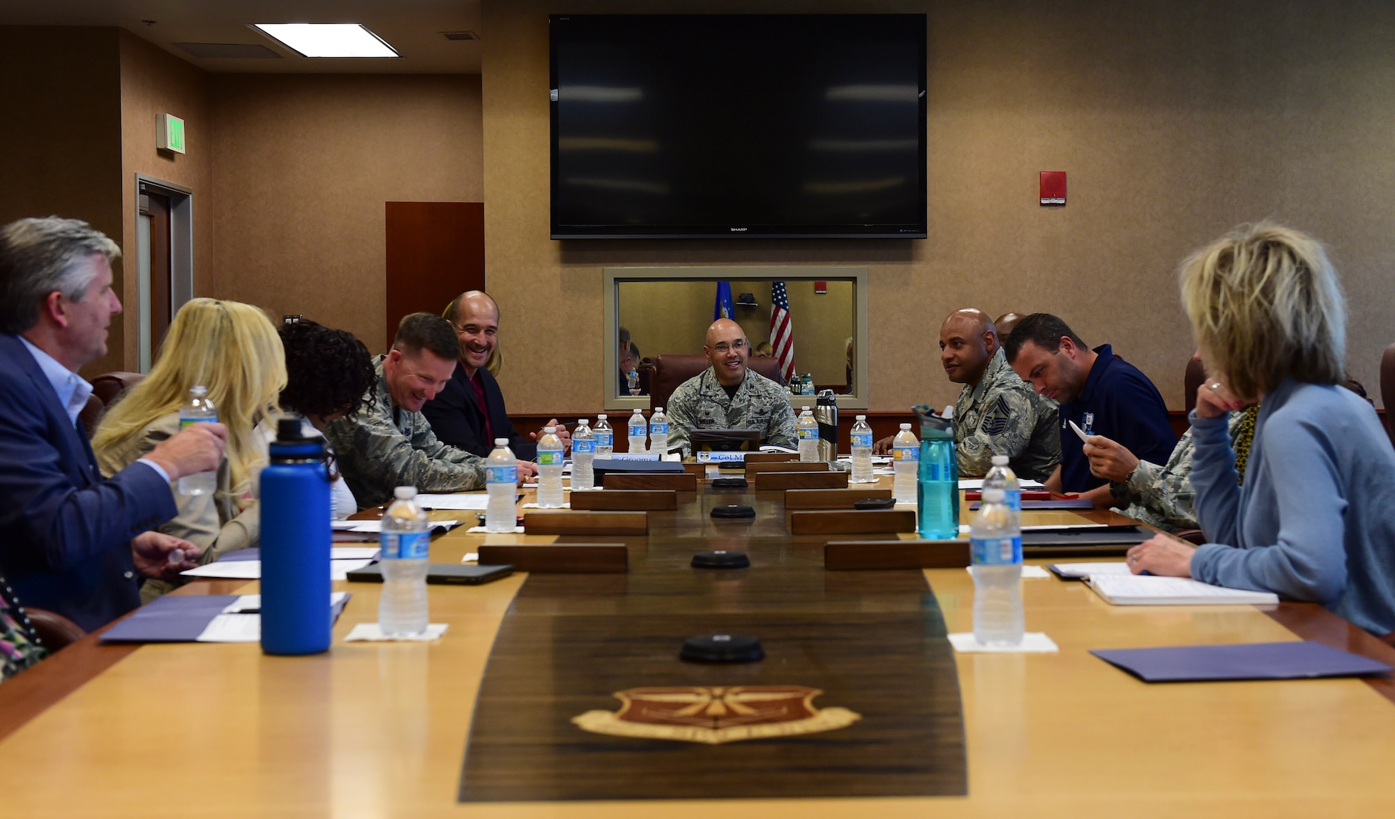 Leadership from Buckley Air Force Base and the Aurora School District hold a meeting June 5, 2017, on Buckley AFB, Colo. The meeting highlighted the importance of the school district’s outreach to military families and support for children with deployed parents. (U.S. Air Force photo by Airman Jacob Deatherage/Released)