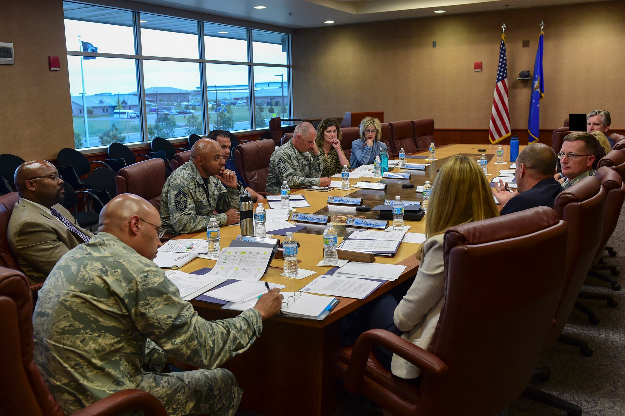 Leadership from Buckley Air Force Base and the Aurora School District discuss the relationship between the base and local schools June 5, 2017, on Buckley AFB, Colo. The meeting highlighted the importance of the school district’s outreach to military families and support for children with deployed parents. (U.S. Air Force photo by Airman Jacob Deatherage/Released)