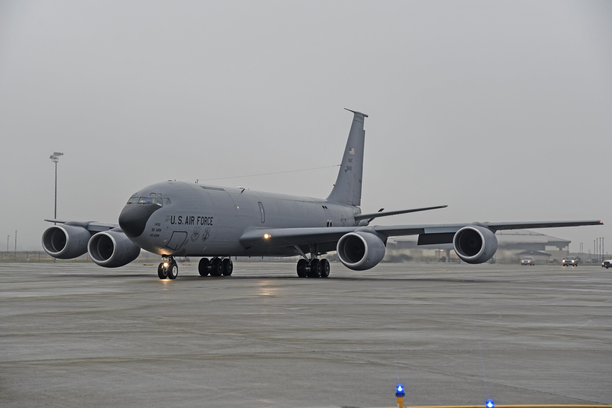 A KC-135 Stratotanker prepares to depart Fairchild Air Force Base, Washington, Oct. 30, 2016. The KC-135 provides the core aerial refueling capability for the Air Force, with four turbo fans and mounted under 35-degree wings, the KC-135 is capable of take-offs at gross weights of up to 322,5000 pounds. (U.S. Air Force photo/ Senior Airman Mackenzie Richardson)