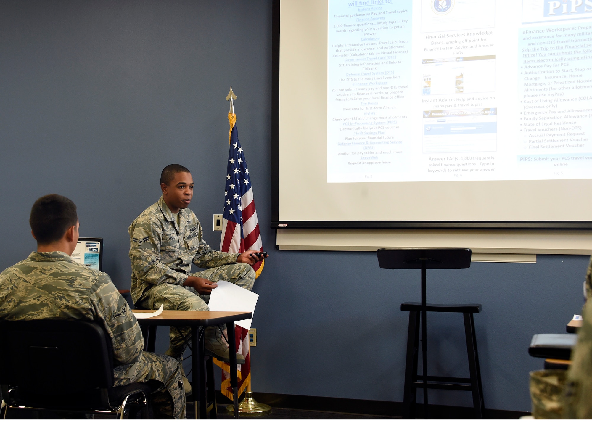 Airman 1st Class Michael Thrash, 56th Comptroller Squadron customer service technician, briefs Airmen June 5, 2017, at Luke Air Force Base, Ariz. Beginning June 19th, Airmen straight out of technical training will go through a new revamped First Term Airmen Course which includes Airmanship 300 curriculum focusing on discussions about trust, loyalty and commitment. (U.S. Air Force photo by Senior Airman Devante Williams)