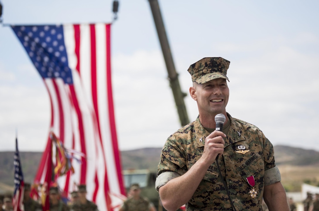 Col. Michael Borgschulte, the outgoing Marine Aircraft Group (MAG) 39 commanding officer addresses the audience during his change of command ceremony on the flightline at Marine Corps Air Station Camp Pendleton, Calif., May 25. During the ceremony, command of MAG-39 changed hands from Col. Michael Borgschulte to Col. Matthew Mowery. (U.S. Marine Corps photo by Lance Cpl. Liah Smuin/Released)