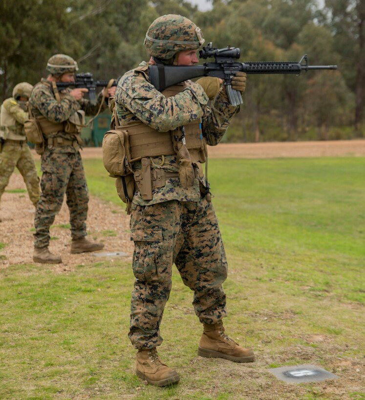 Sgt. Daniel Reilly (front) and Cpl. John Brody (back) compete in the Australian Army Skills at Arms Meeting in Puckapunyal, Australia, May 14-26, 2017. Brody was a recruit when he first met Reilly, his Primary Marksmanship Instructor during recruit training. Brody, from Springfield, Virginia, is a rifleman with 3rd Battalion, 4th Marine Regiment. Reilly, from Jenkintown, Pennsylvania, is the fire direction chief with 3/4. The battalion is forward deployed from 29 Palms, California to Marine Rotational Force Darwin. 