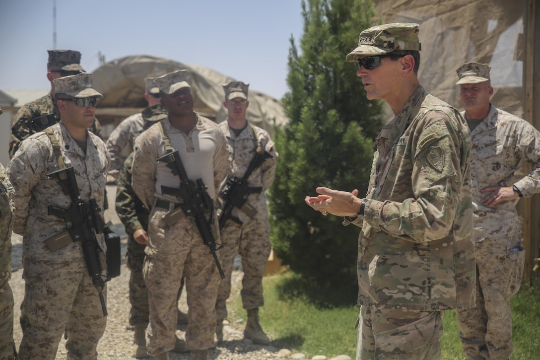 Army Gen. Joseph Votel, right, the commanding general of U.S. Central Command, speaks with Marines assigned to Task Force Southwest at Camp Shorab, Afghanistan, June 2, 2017. Votel met with members from the unit and key leaders from the Afghan National Security Defense Forces to gauge the recent progress and current challenges as the unit continues to train, advise and assist the Afghan National Army 215th Corps and 505th Zone National Police. (U.S. Marine Corps photo by Sgt. Lucas Hopkins)