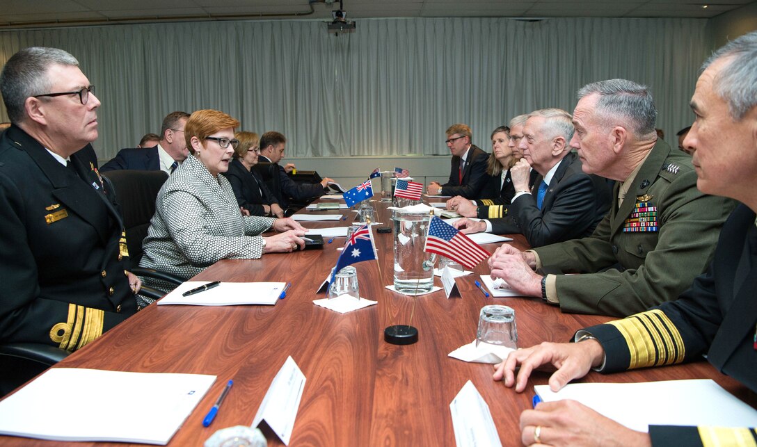Defense Secretary Jim Mattis, center right, and Marine Corps Gen. Joe Dunford, chairman of the Joint Chiefs of Staff, second from right, meet with Australian Defense Minister Marise Ann Payne.