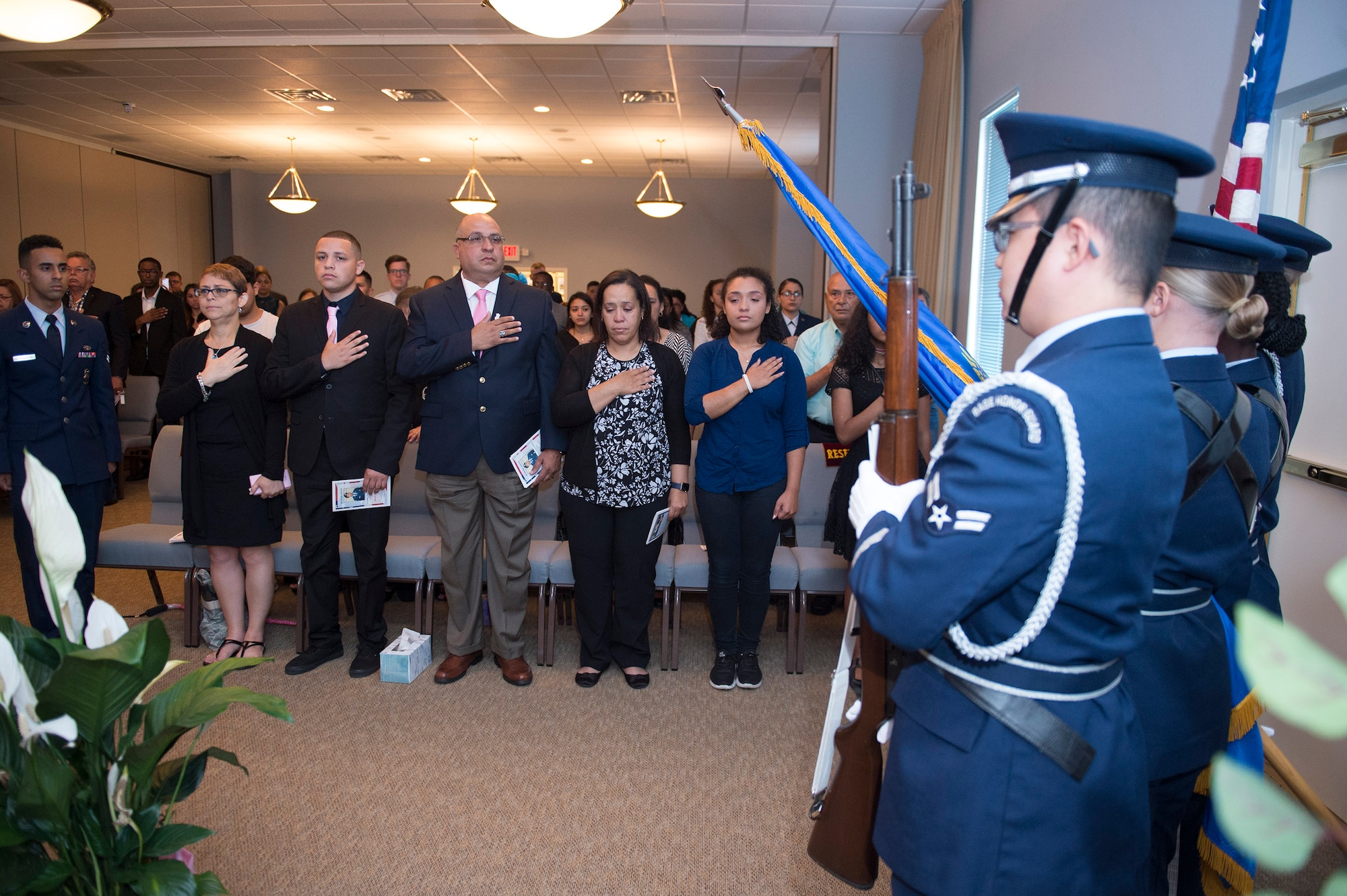 Family, friends and comrades mourn during a funeral for deceased Senior Airman Gabriel Antonio Fuentes Lebrón, 18th Security Forces Squadron, Kadena Air Base, Japan, in Orange Park, Fla., June 1, 2017. Lebrón’s most recent accomplishment was being selected for promotion to Senior Airman Below The Zone, March 23, and was posthumously promoted on the day of his passing, May 19. He leaves behind his parents, older brother, Miguel Angel, sisters Michelle and Valerie, niece, Ileana, as well as countless other family members and friends. (U.S. Air Force photo by Senior Airman Greg Nash)