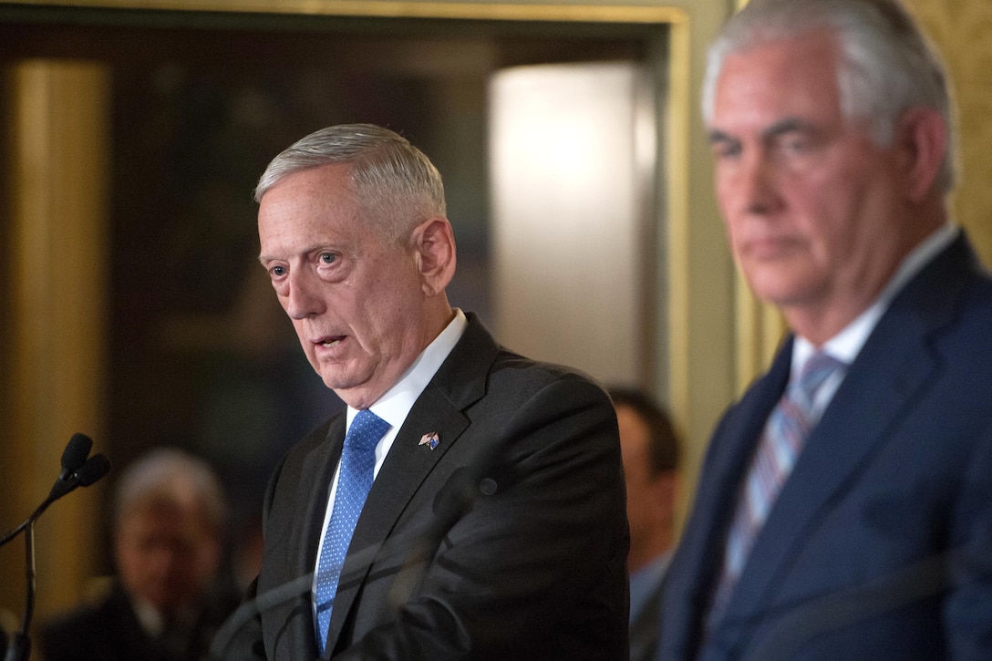 Defense Secretary Jim Mattis, left, speaks during a news conference with Secretary of State Rex Tillerson.