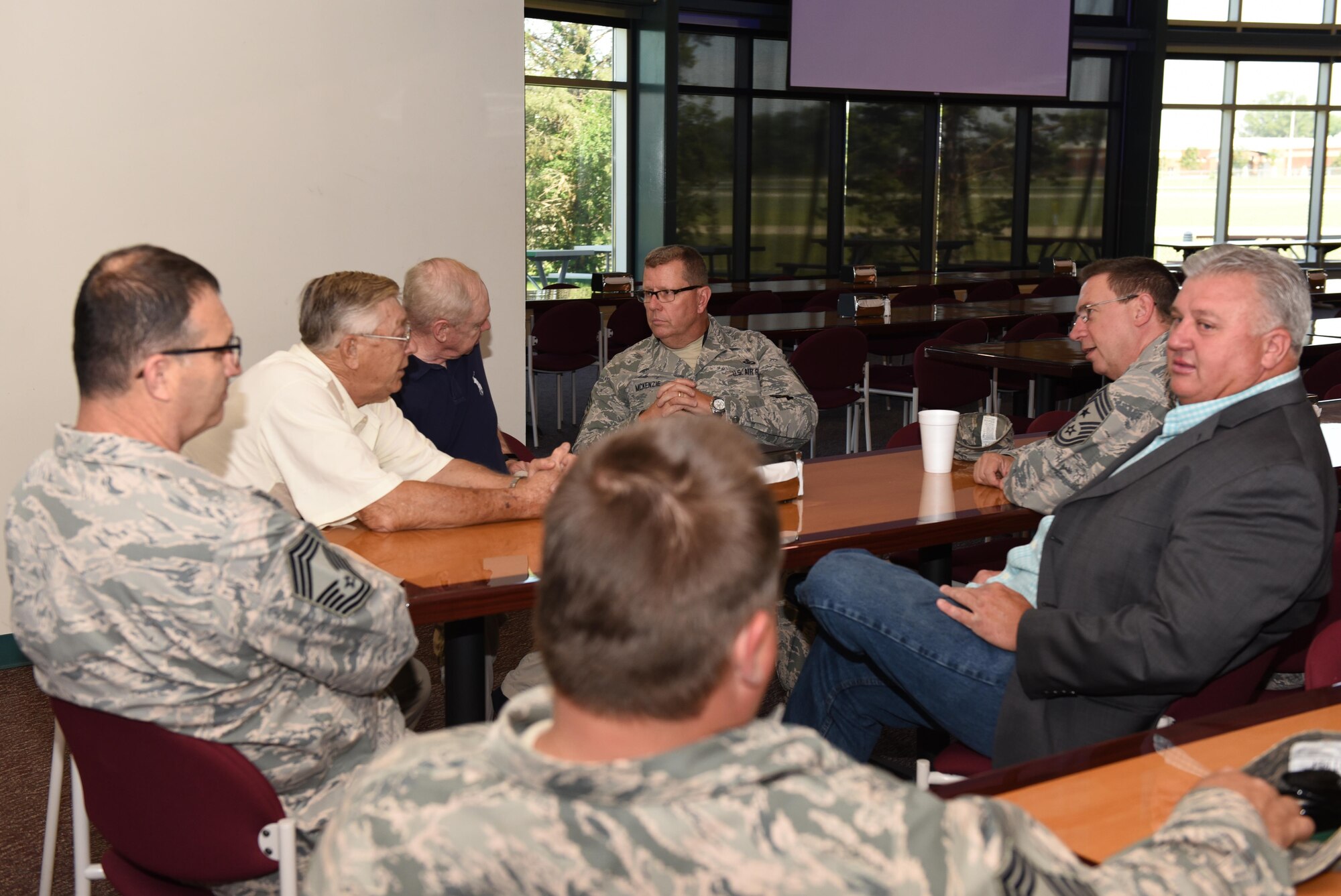 Chief Master Sgt. Scott McKenzie, 178th Wing command chief master sergeant, met with retired and active chief master sergeants for a luncheon on his retirement day at Springfield Air National Guard Base, Ohio, June 3, 2017. McKenzie retired after a career of nearly 37 years at the 178th Wing.(Ohio Air National Guard photo by Airman 1st Class Anthony Le)