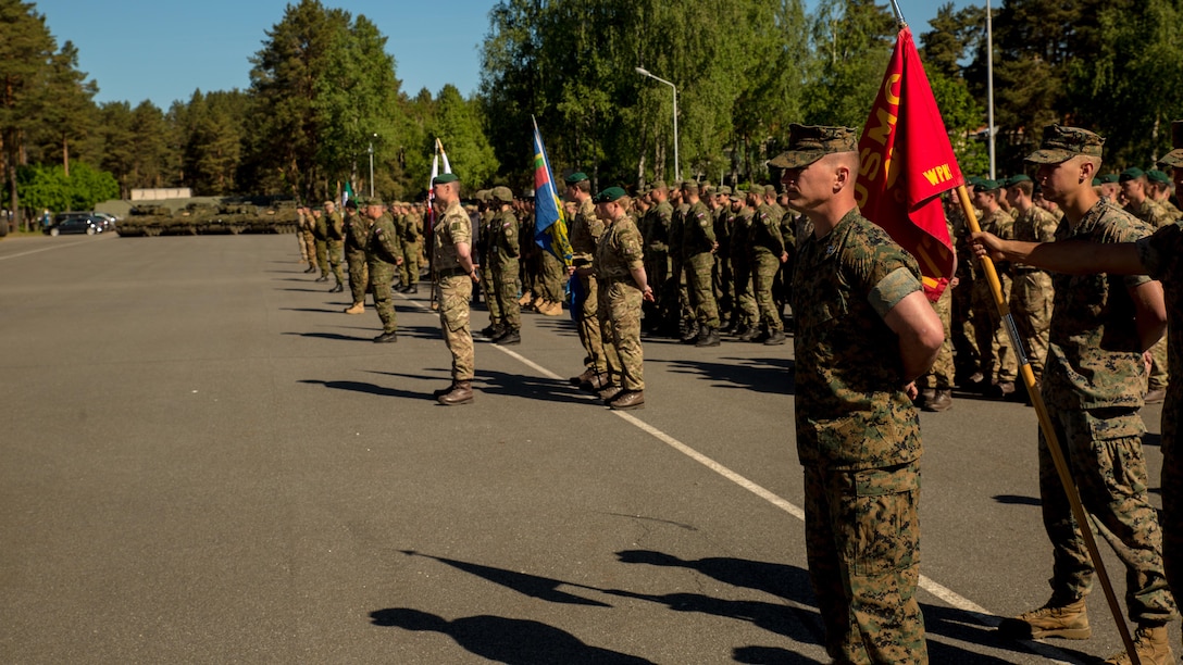 Marines with the Black Sea Rotational Force 17.1 stand in formation next to several other international military forces, to include Latvia, Italy, Great Britain, Lithuania, Norway, Poland, Slovenia and Slovakia, in preparation for the opening ceremony of Exercise Saber Strike 17 at Camp Adazi, Latvia, June 3, 2017.  Exercise Saber Strike 17 is an annual combined-joint exercise conducted at various locations throughout the Baltic region and Poland.
