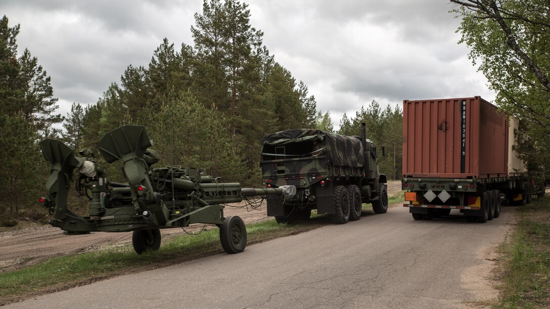 Marines with 3rd Battalion, 14th Marine Regiment, Mike Battery, 4th Marine Division, Marine Forces Reserve, transport multiple M777 Howitzers from Ventspils to Adazi, Latvia, during Exercise Saber Strike 17, June 2, 2017 Exercise Saber Strike 17 is an annual combined-joint exercise conducted at various locations throughout the Baltic region and Poland. The combined training prepares NATO Allies and partners to effectively respond to regional crises and to meet their own security needs by strengthening their borders and countering threats.