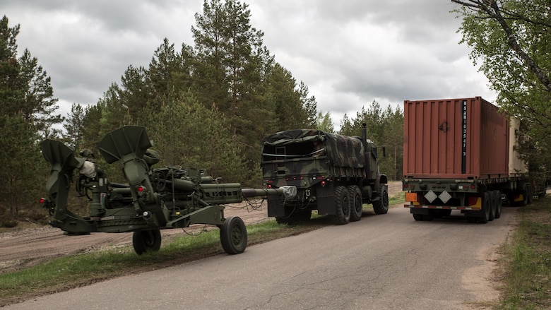 Marines with 3rd Battalion, 14th Marine Regiment, Mike Battery, 4th Marine Division, Marine Forces Reserve, transport multiple M777 Howitzers from Ventspils to Adazi, Latvia, during Exercise Saber Strike 17, June 2, 2017 Exercise Saber Strike 17 is an annual combined-joint exercise conducted at various locations throughout the Baltic region and Poland. The combined training prepares NATO Allies and partners to effectively respond to regional crises and to meet their own security needs by strengthening their borders and countering threats.